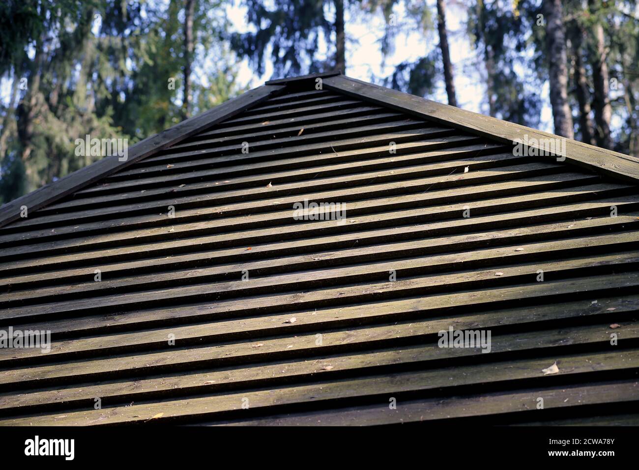 Old wooden plank roof, Wooden surface texture. Lithuanian village Stock
