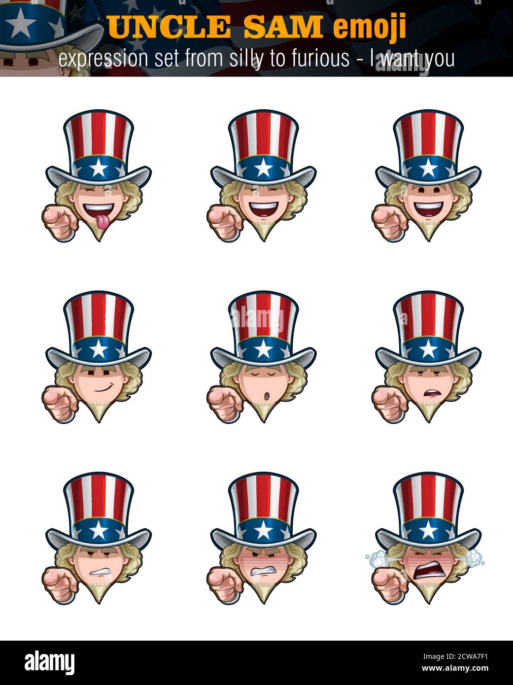 Vector illustrations Set cartoon Uncle Sam Emoji - I want you. Nine expressions, silly, laughing, happy, smiling, preaching, serous, unamused, angry n Stock Vector