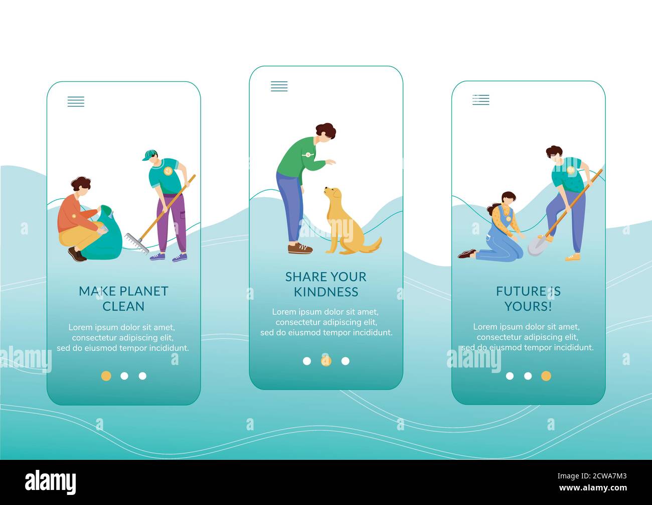 Voluntary activities onboarding mobile app screen vector template Stock Vector