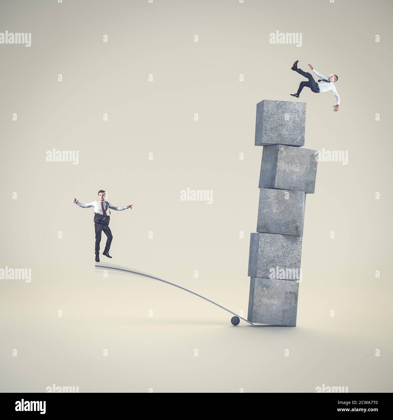 businessman makes his colleague fall from the tower. concept of impropriety and envy in the business world. Stock Photo