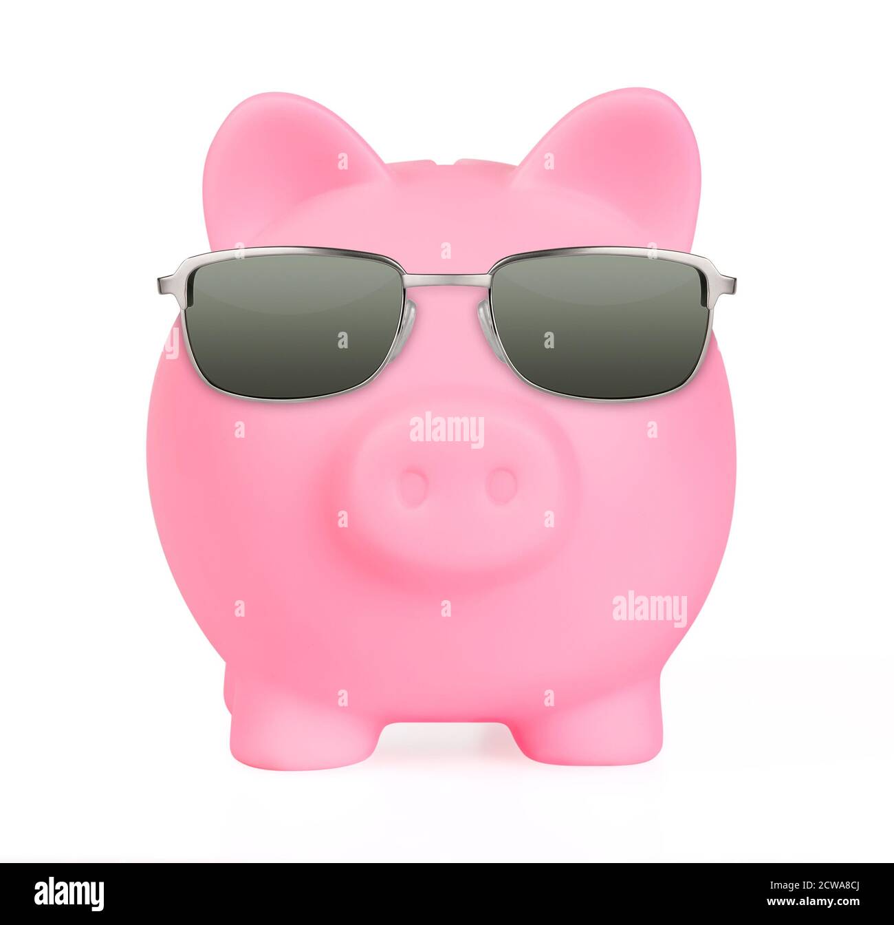 Pink piggy bank in a sunglasses front view isolated on white background ...