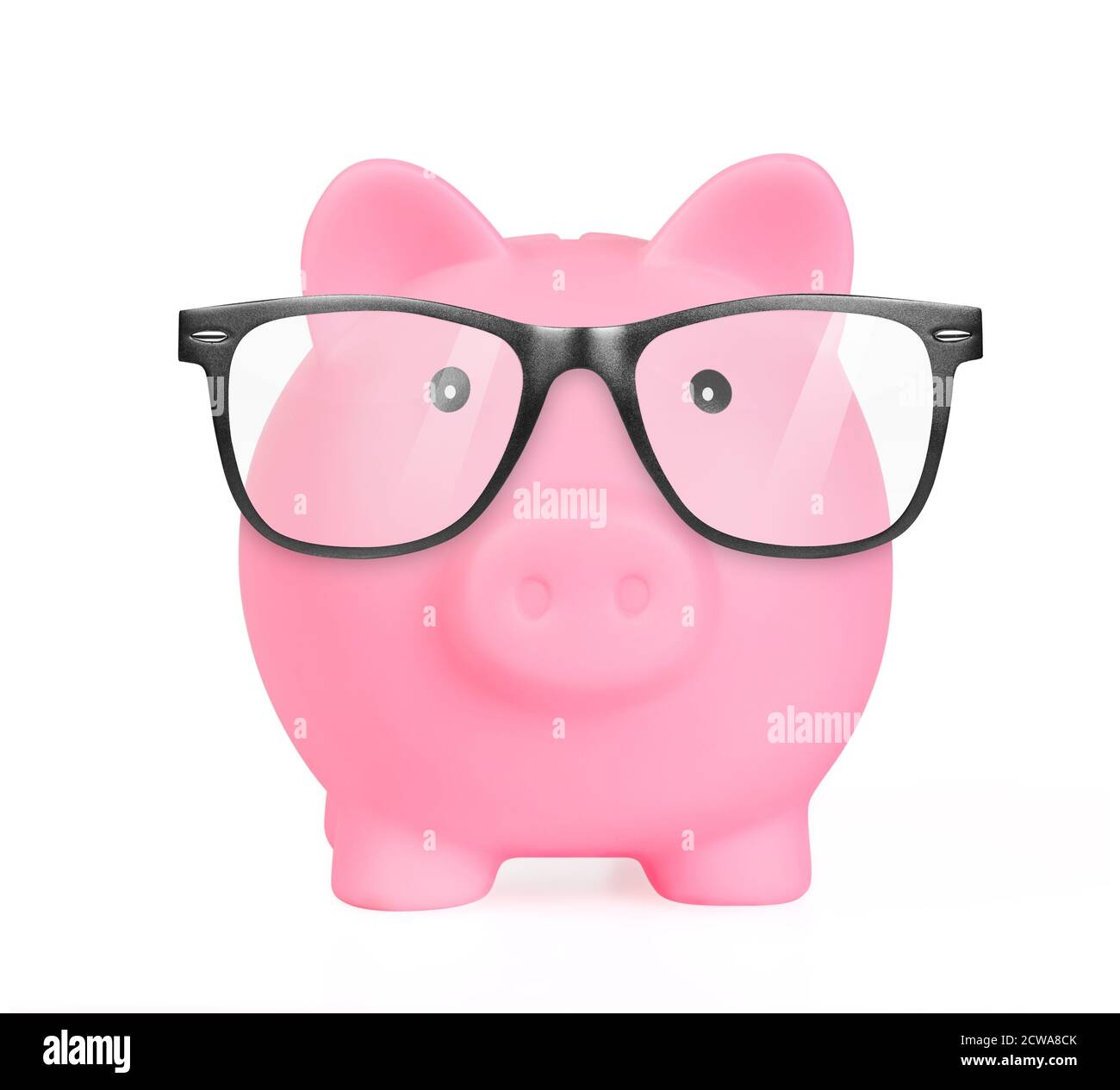 Bank employee concept. Pink piggy bank in a glasses front view isolated ...