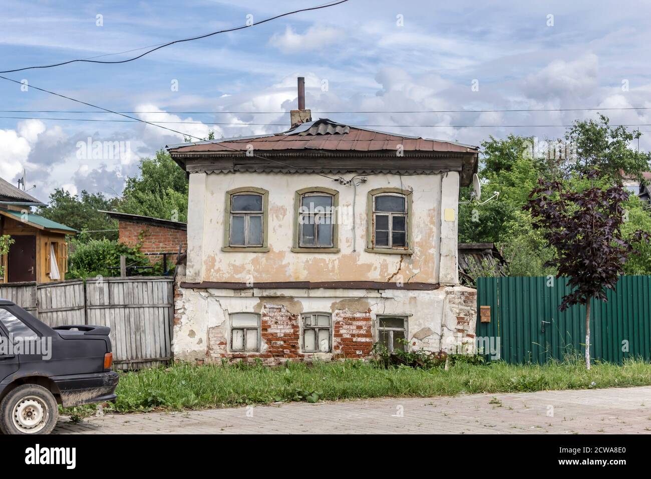 Old abandoned brick house. Nineteenth century architecture. Provincial town of Borovsk in Russia. Stock Photo