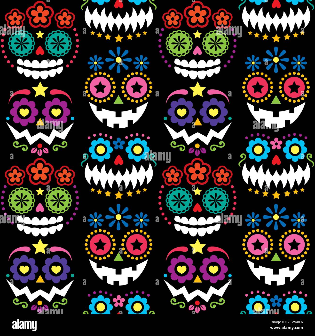 Halloween and Dia de los Muertos skulls and pumpkin faces vector seamless pattern - Mexican color sugar skull style texile design on black Stock Vector