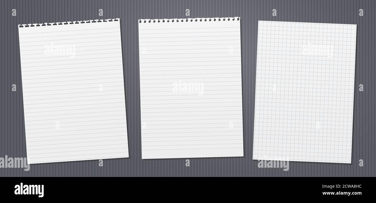 White lined and math note, notebook paper with torn edges stuck on dark ...