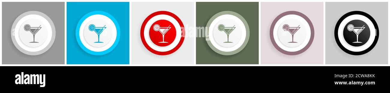 Tropical drink, alcohol, bar, martini in glass icon set, colorful flat ...