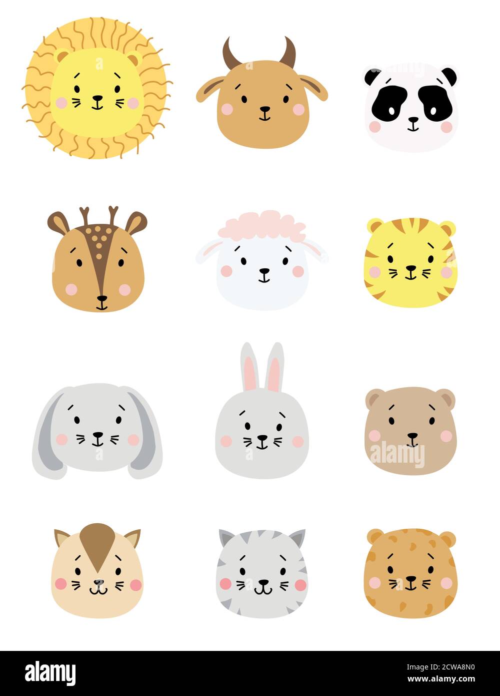 cute simple animal portraits. Set of color animal portraits - sheep and cow,  lion and tiger, panda and deer, hare and bear, dog and cat. For childrens  Stock Vector Image & Art -
