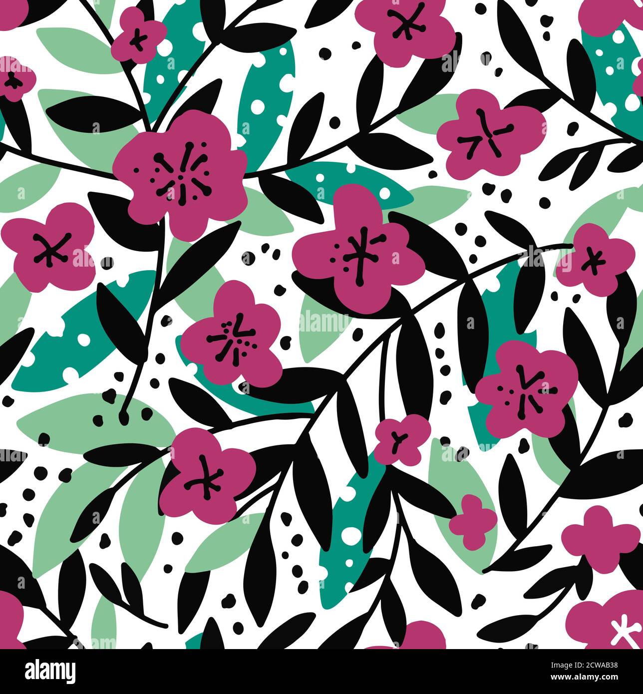 Blooming flowers and foliage on twigs pattern Stock Vector