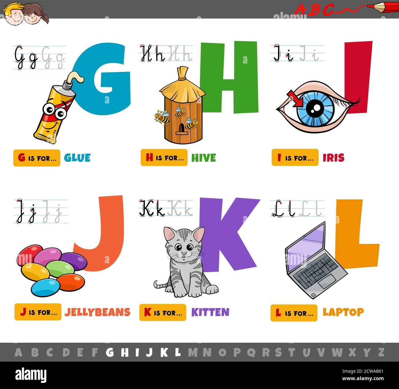 Cartoon Illustration of Capital Letters Alphabet Educational Set for Reading and Writing Learning for Preschool and Elementary Age Children from G to Stock Vector