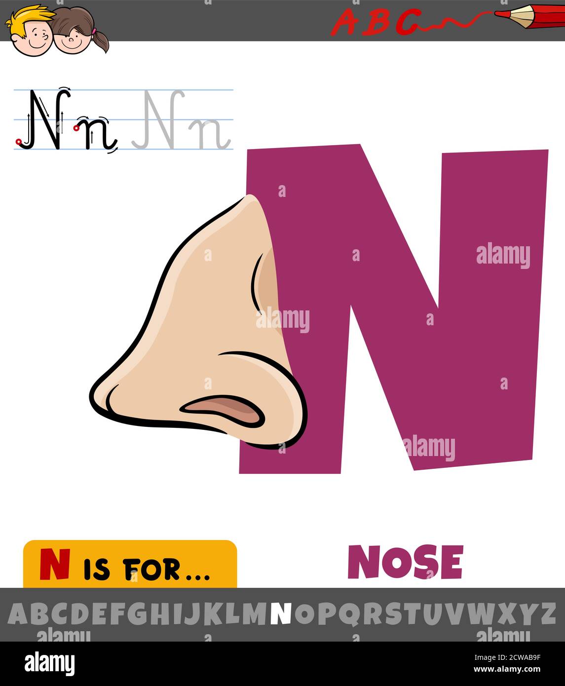 Educational Cartoon Illustration of Letter N from Alphabet with Nose for Children Stock Vector