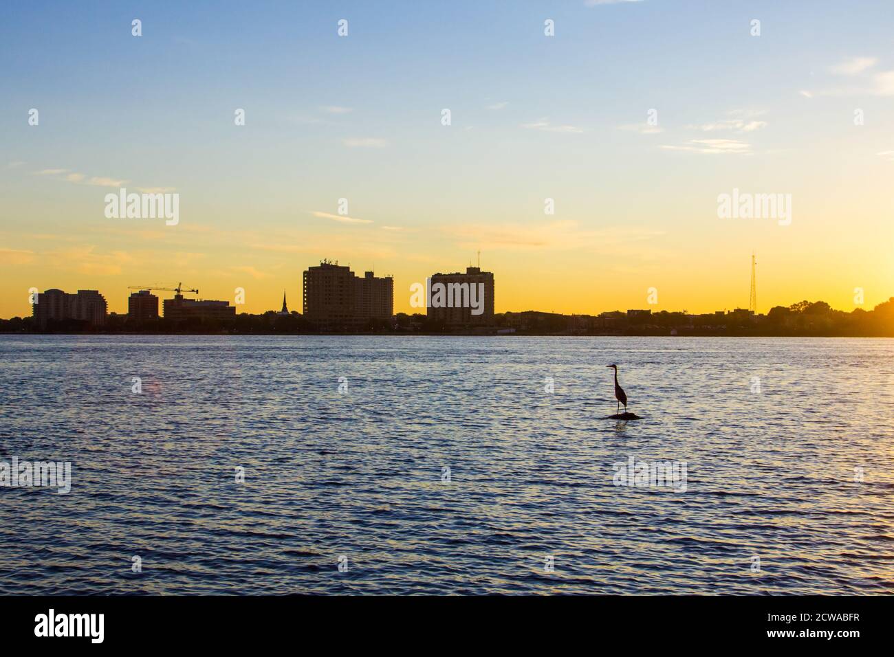 Sunrise Over Sarnia, Ontario. Beautiful sunrise over the waterfront district of Sarnia in the Canadian Province of Ontario. Stock Photo