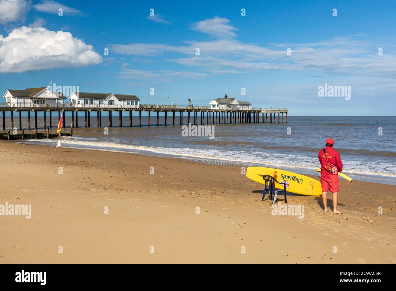 Lifeguard on the beach at Southwold in summer, Southwold, Suffolk, England Stock Photo