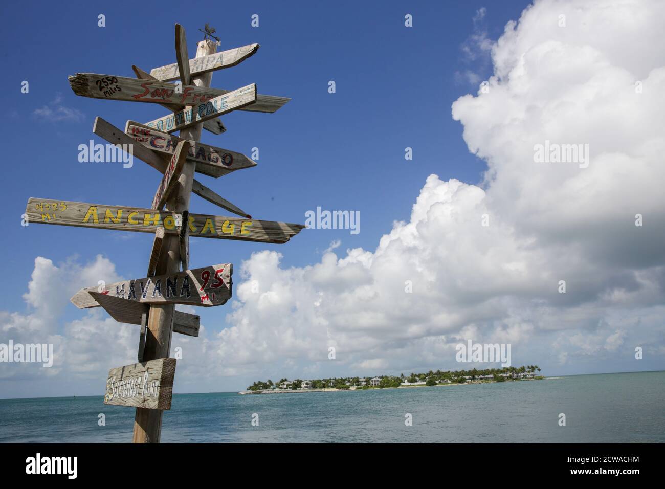 Popular direction and distance [in Miles] signs at the equally popular Sunset Pier Bar on Key West, Florida, USA. Stock Photo