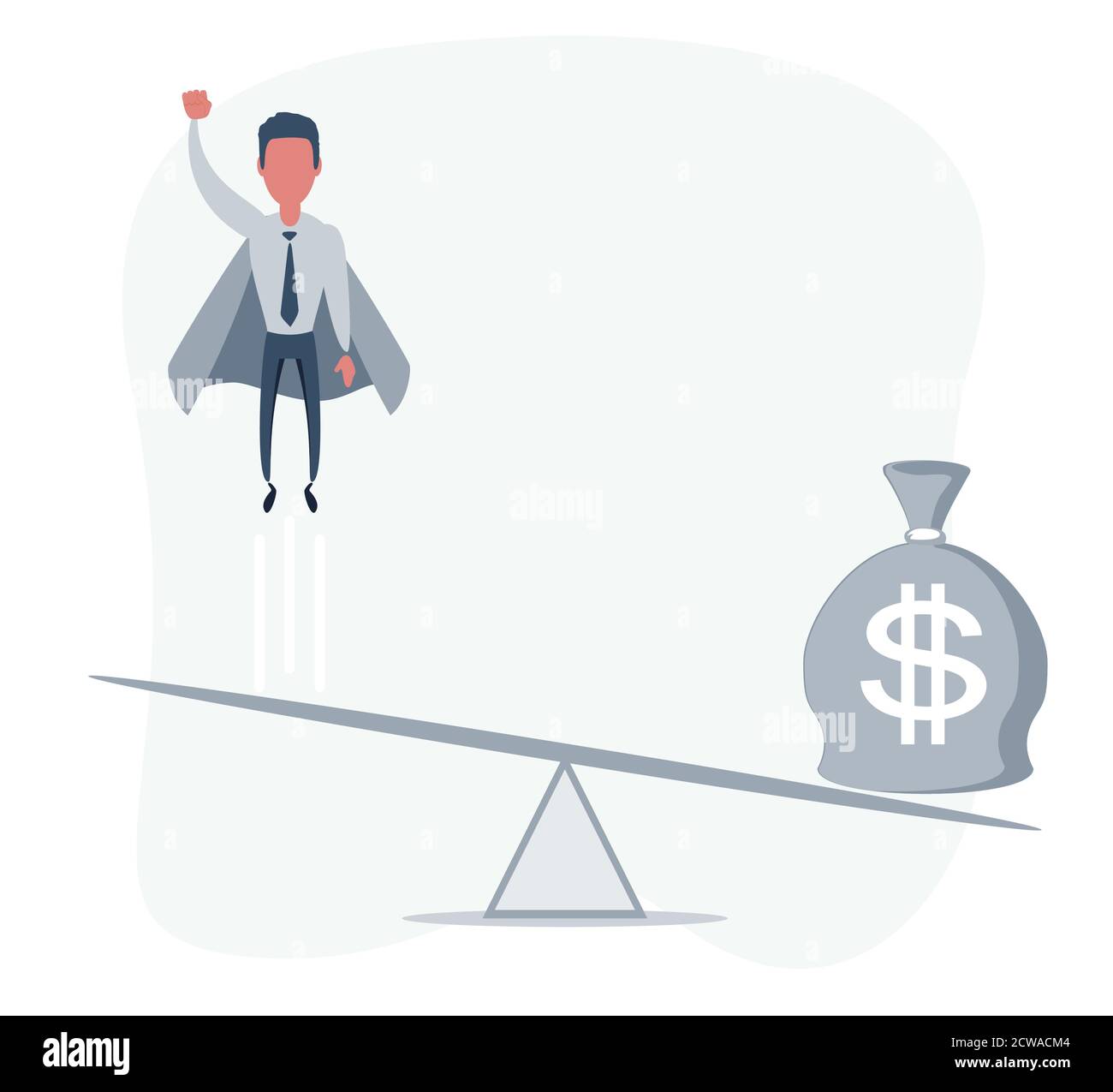 Business startup concept. Illustration with a businessman flying up and a bag full of money. Stock Vector