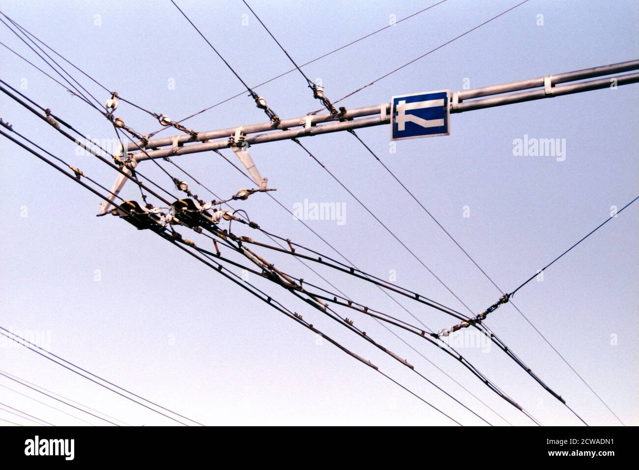 Tolley bus overhead lines and the switch on the overhead Stock Photo