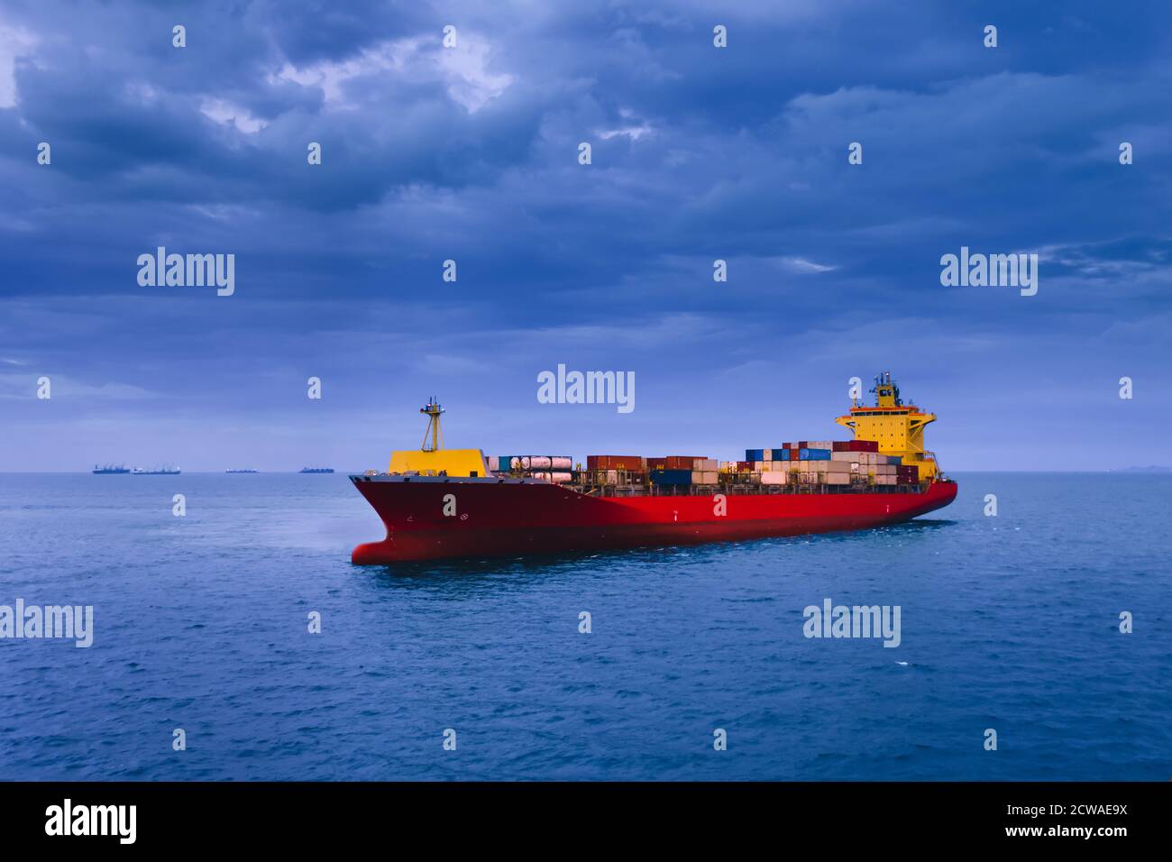 Large container cargo anchoring in laycan area waiting for window call. Container shipping and