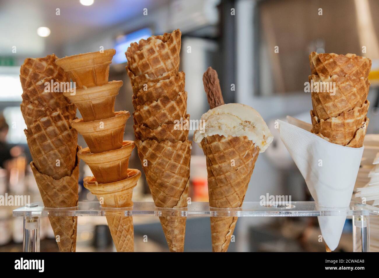 Ice cream cones in a plastic tray Stock Photo
