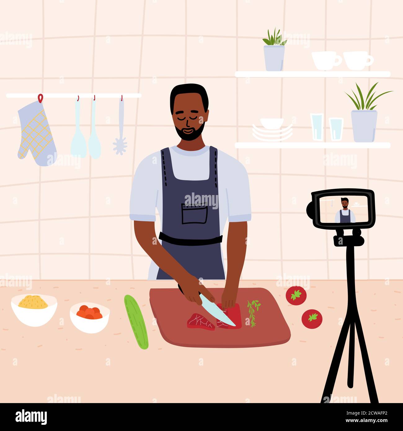 African black male chef cooking in the kitchen while recording video using his camera for online video channel. Cook healthy food at home. homemade Stock Vector Image & Art - Alamy African black male chef cooking in the kitchen while recording video using his camera for online video channel. Cook healthy food at home. homemade Stock Vector Image & Art - Alamy