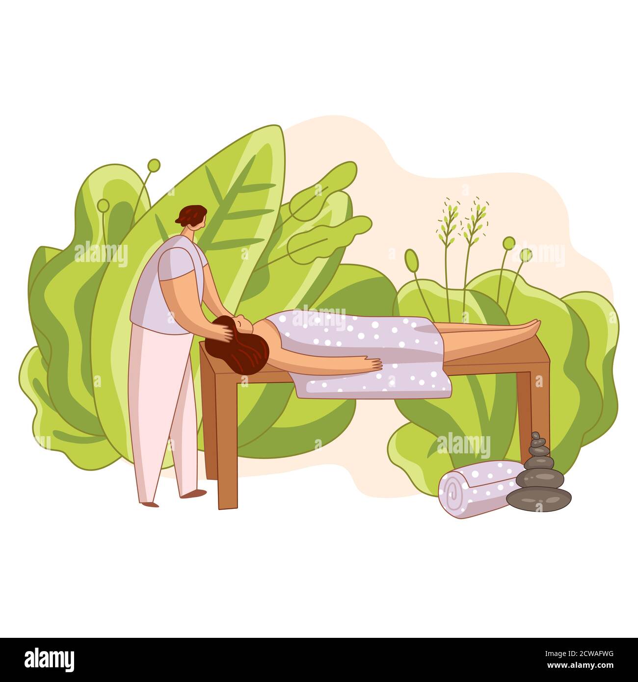 Man doing head massage and spa procedures for woman in cozy atmosphere with green leaves, oriental stones. Relaxing, self-love concept, flat hand Stock Vector