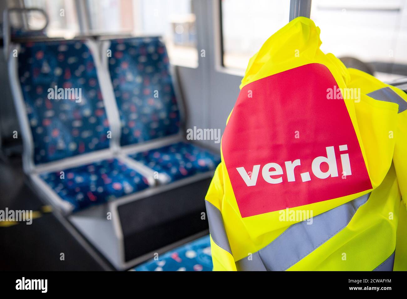 Bremen, Germany. 29th Sep, 2020. A safety vest with the inscription of the trade union Verdi is laid in an empty tram of the Bremer Strassenbahn AG (BSAG) during the warning strikes of the public sector. Credit: Sina Schuldt/dpa/Alamy Live News Stock Photo