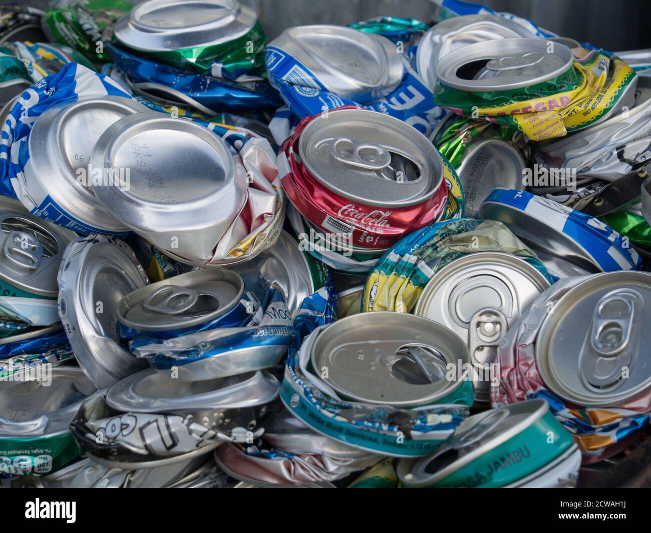 Dekai, Indonesia - January 21, 2015: squeezed aluminium cans in large containers Stock Photo