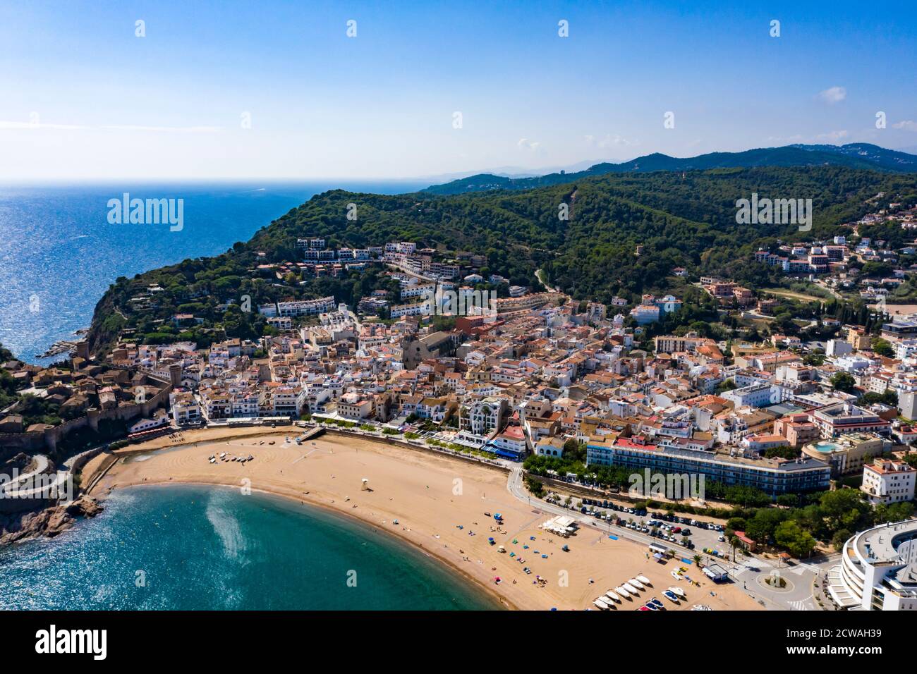 Aerial view of Tossa de Mar and the Medieval castle on the Costa Brava ...