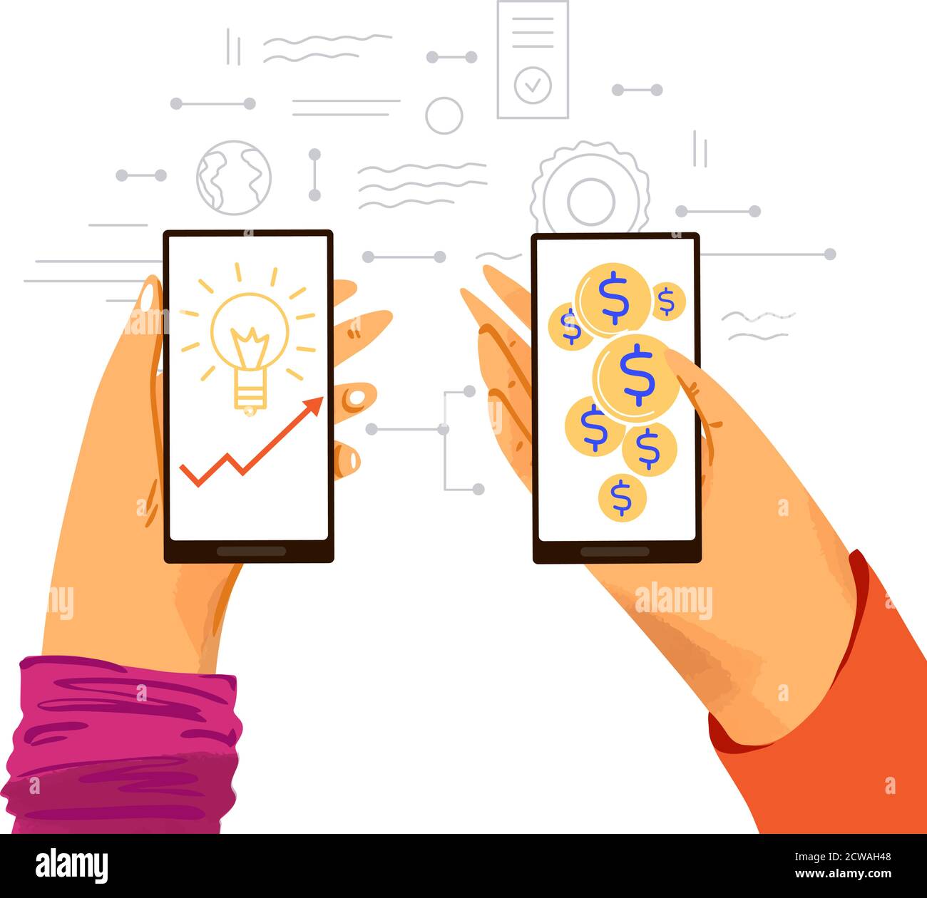Human hands with phone - graphs and ideas for making money online, business infographics about money and earnings with online work on a smartphone Stock Vector