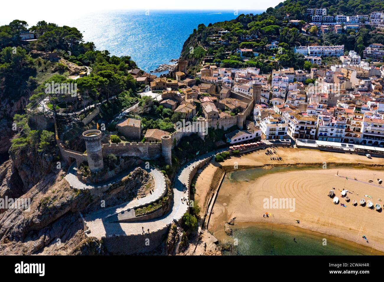 Aerial view of Tossa de Mar and the Medieval castle on the Costa Brava ...