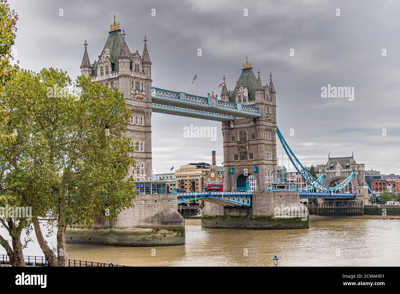 Tower Bridge, a world famous London landmark seen from inside the walls of The Tower Of London , London EC3 Stock Photo