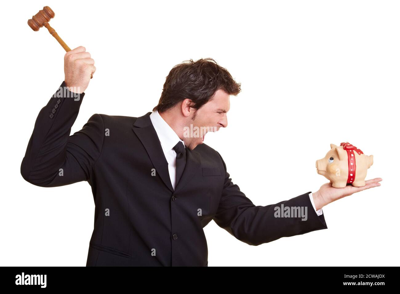 Man smashes piggy bank with judge gavel Stock Photo - Alamy