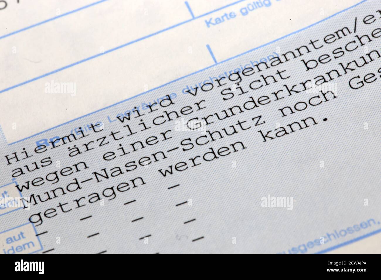 Medical certificate for mask exemption, Germany Stock Photo