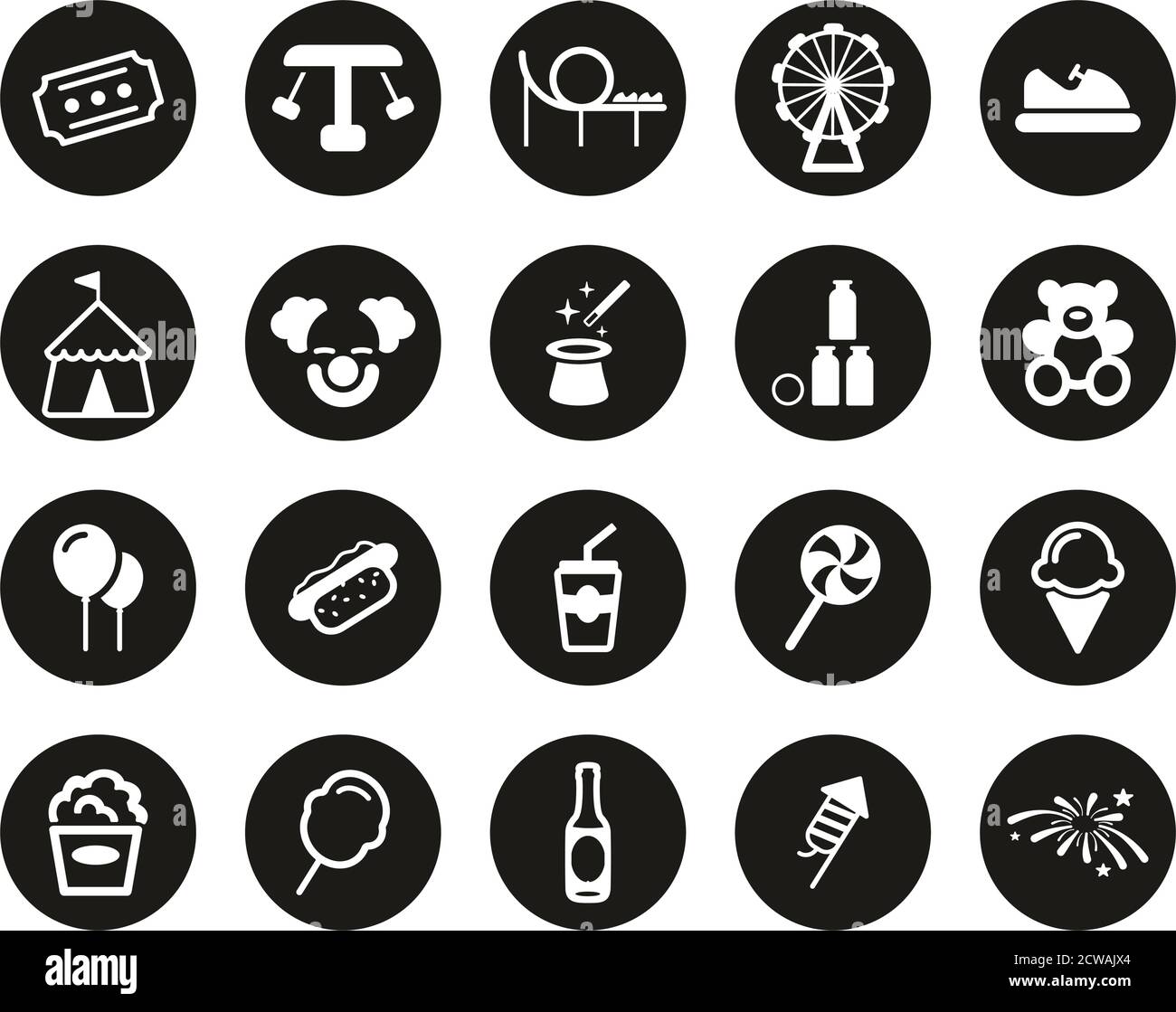 Amusement Park Icons White On Black Flat Design Circle Set Big Stock ...