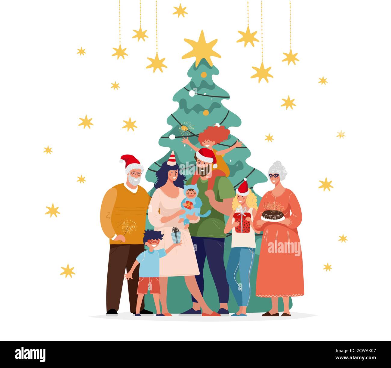 Family together at home for christmas. Happy family greets New Year with children, grandparents and a decorated Christmas tree. Flat cartoon vector illustration Stock Vector