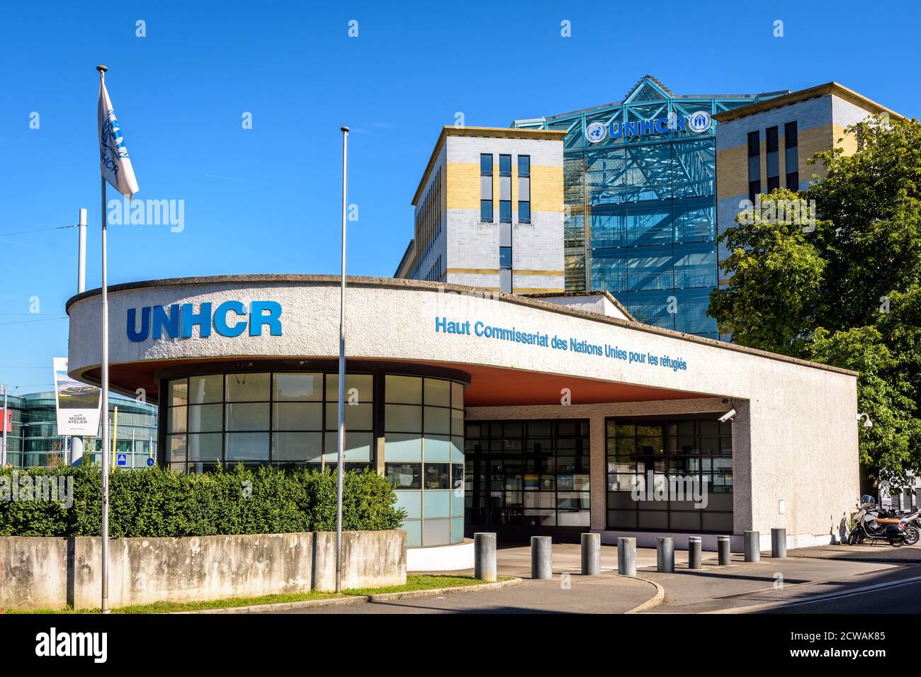 Headquarters of the United Nations High Commissioner for Refugees (UNHCR) in Geneva, Switzerland, a UN specialized agency helping refugees worldwide. Stock Photo