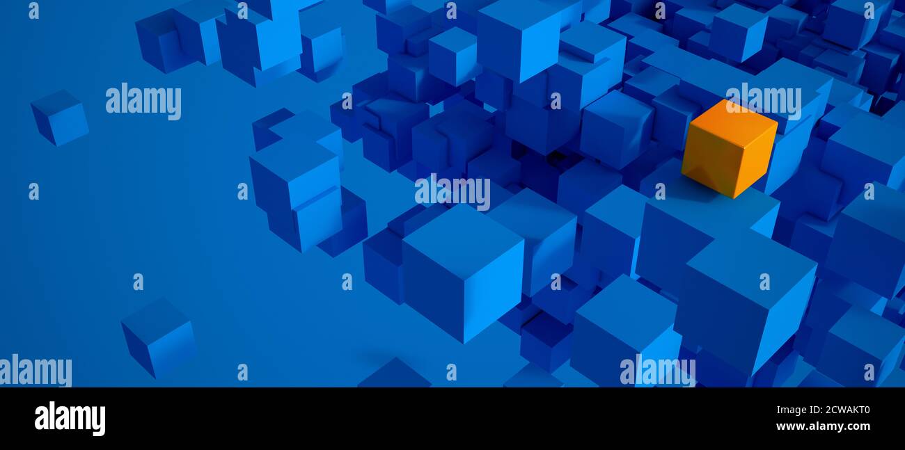 3D rendering of blue cubes and a yellow one floating in space Stock ...
