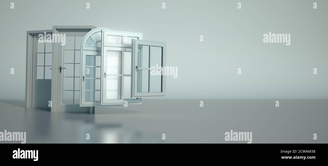 3D rendering of a selection of doors and windows Stock Photo