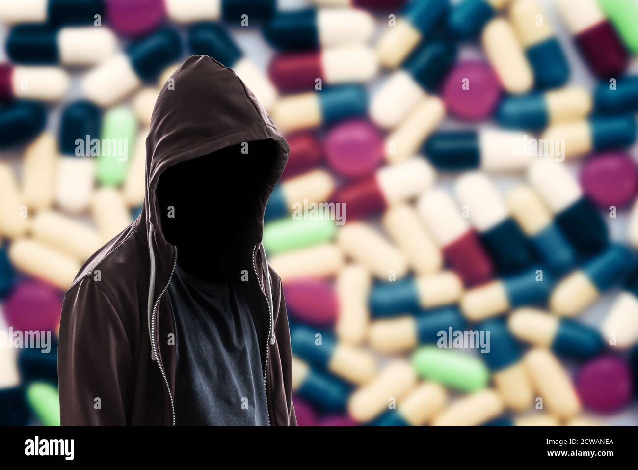 Invisible man on drug background. Drug dealer, medication addictions danger concept Stock Photo