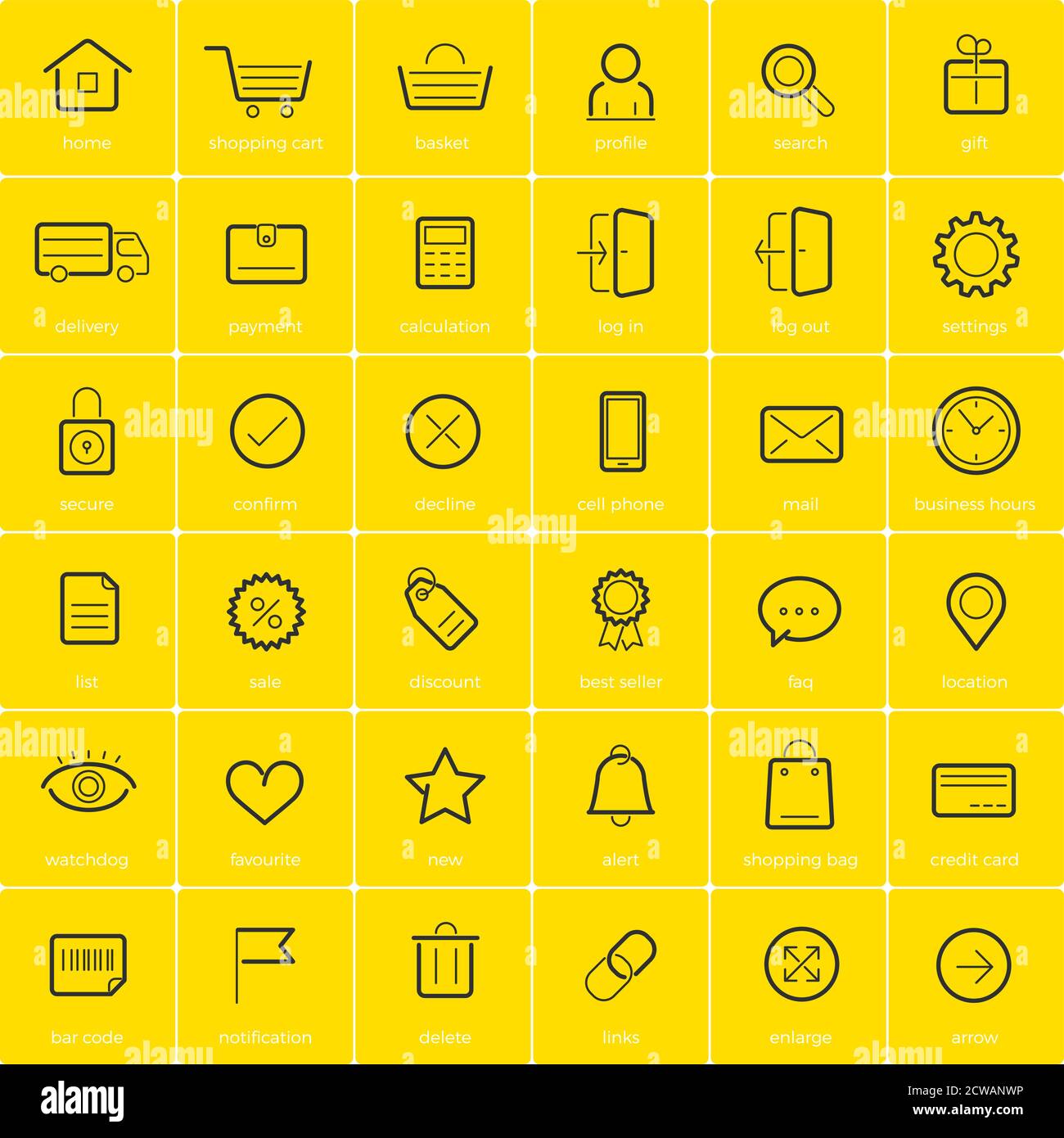 Ecommerce icons on yellow background Stock Vector