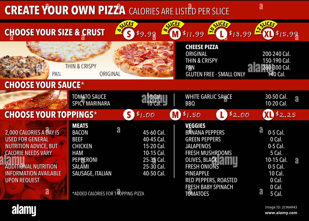 Declaring Calories for Build-Your-Own Pizza: Column Format Calories for build-you-own pizzas may be declared in multiple ways for greater flexibility. Calories can be declared for the entire pizza or per slice, provided the number of slices per pie is included on the menu or menu board. When more than two sizes of the pizza are available, calories can be declared as a range (e.g., original cheese pizza 200-240 calories, pan cheese pizza 260-300 calories). Calories may also be declared as a range for each topping (e.g., bacon 45-60 calories, beef 40-45 calories) when more than two sizes of pizz Stock Photo