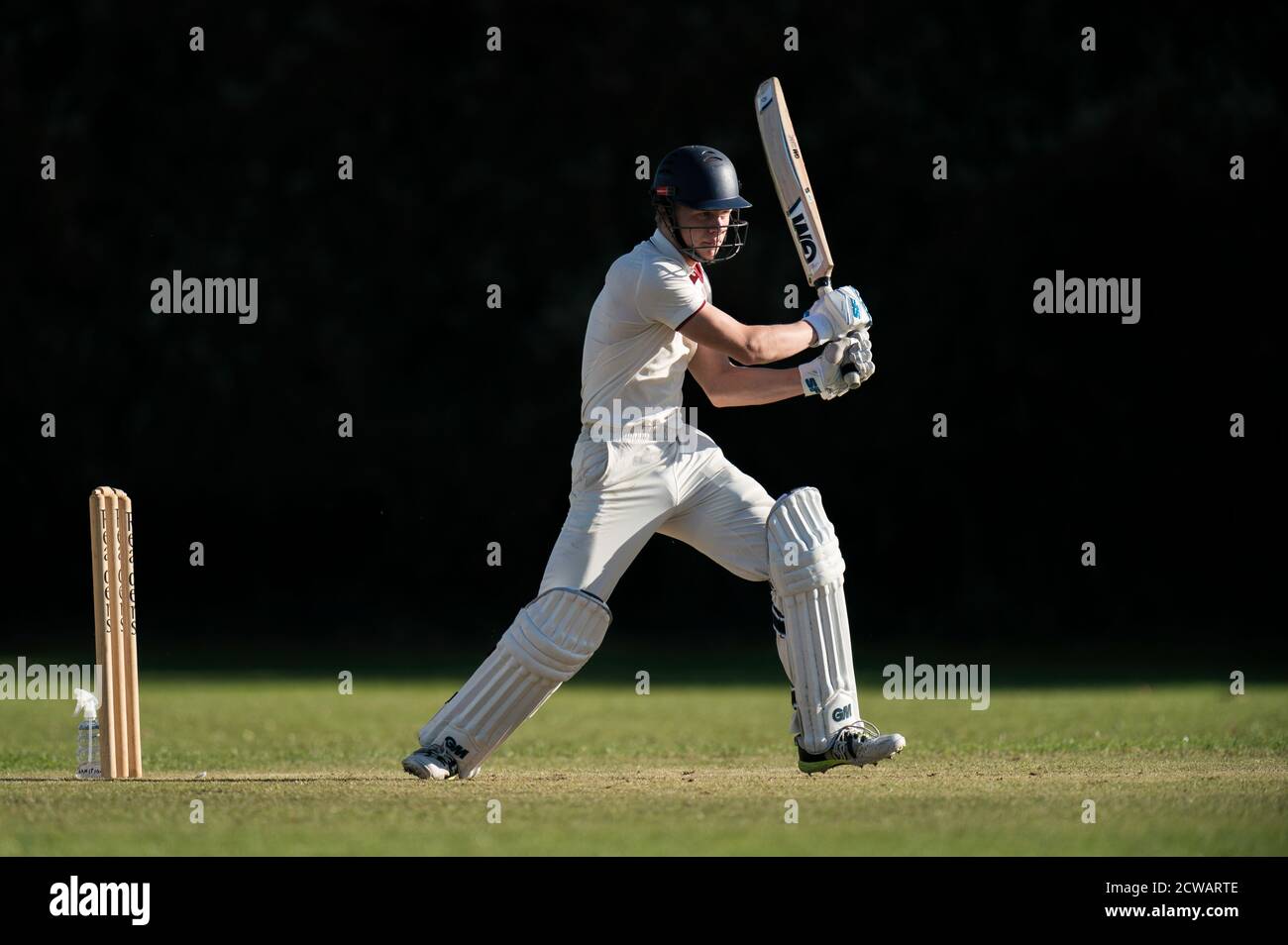 Cricket batsman playing shot. Stock Photo