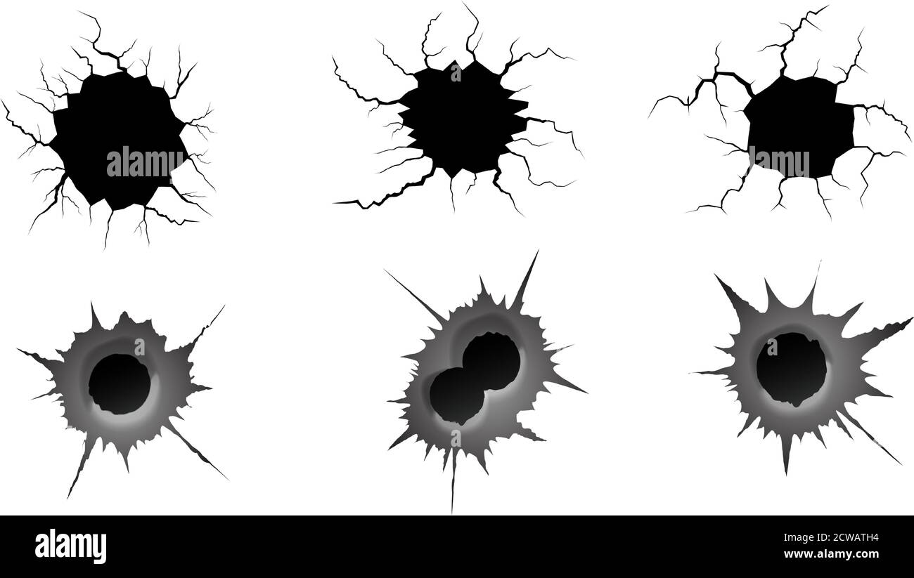 Bullet hole and ground cracks set. Metal single and double bullet hole, damage effect. Earthquake and ground cracks, craquelure and damaged texture Stock Vector