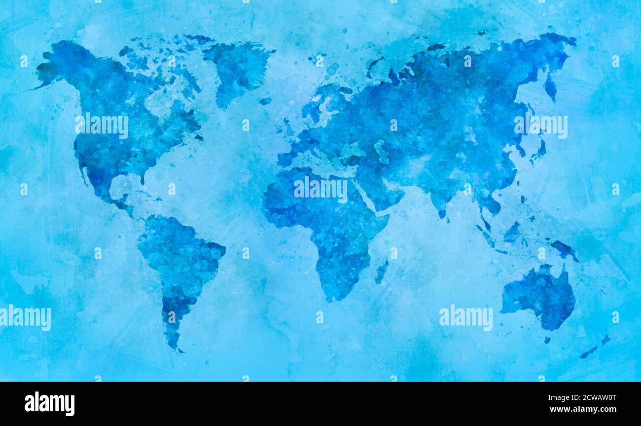 World map in blue watercolor painting abstract splatters on paper. Stock Photo