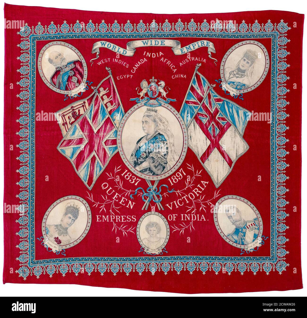 Queen Victoria of the United Kingdom (1819-1901) Diamond Jubilee Handkerchief celebrating 60 years of reign (1837-1897), fabric by unknown artist, circa 1897 Stock Photo