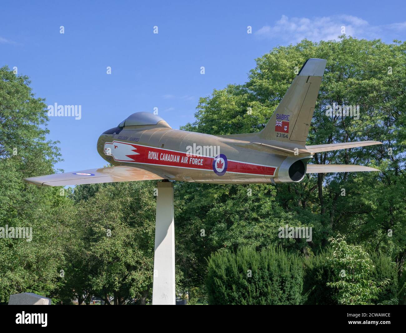 Royal Canadian Air Force Memorial in Germain Park With A F-86 MkV Sabre Golden Hawks Fighter Aerobatics Flying Team Jet Display Aircraft Stock Photo