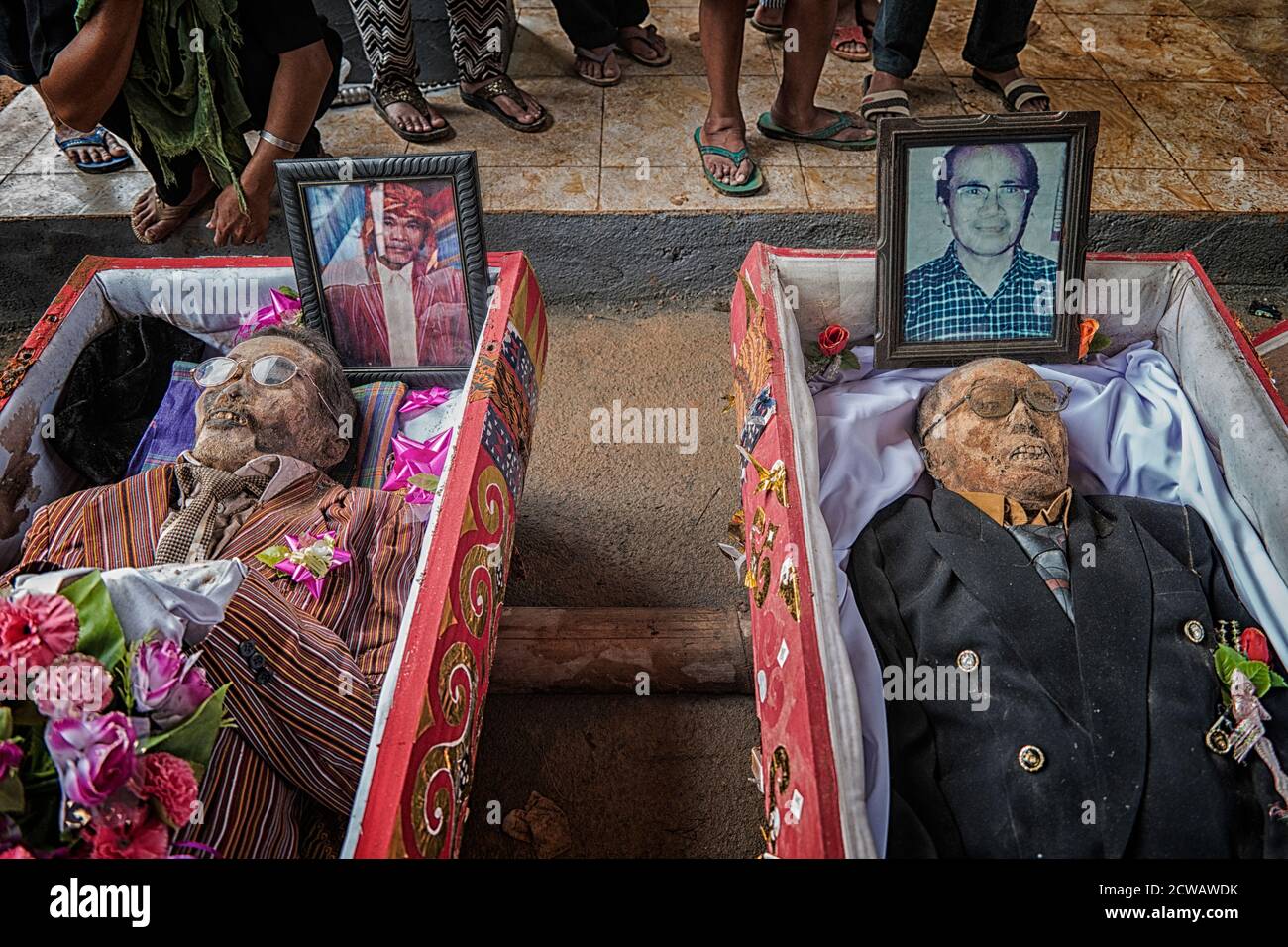The dead body to bring up to clean off their corpses, and dress them as part of the bizarre Ma'nene festival at To'ampalla village, North Toraja. Stock Photo