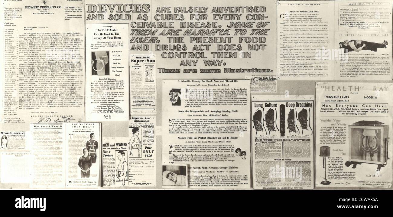 Quack Devices Quack Devices became increasingly popular in the decades after the First World War thanks to new technological capabilities and marketing media – especially, the radio. Advertisements falsely promised consumers an easy cure for virtually any complaint imaginable, from cancer to “mouth breathing,” but because the Pure Food and Drugs Act did not apply to devices, the FDA could not regulate them. By the early 1930s, the agency formalized a collaborative office with the U.S. Postal Service to prosecute quack devices peddlers for mail fraud. Stock Photo