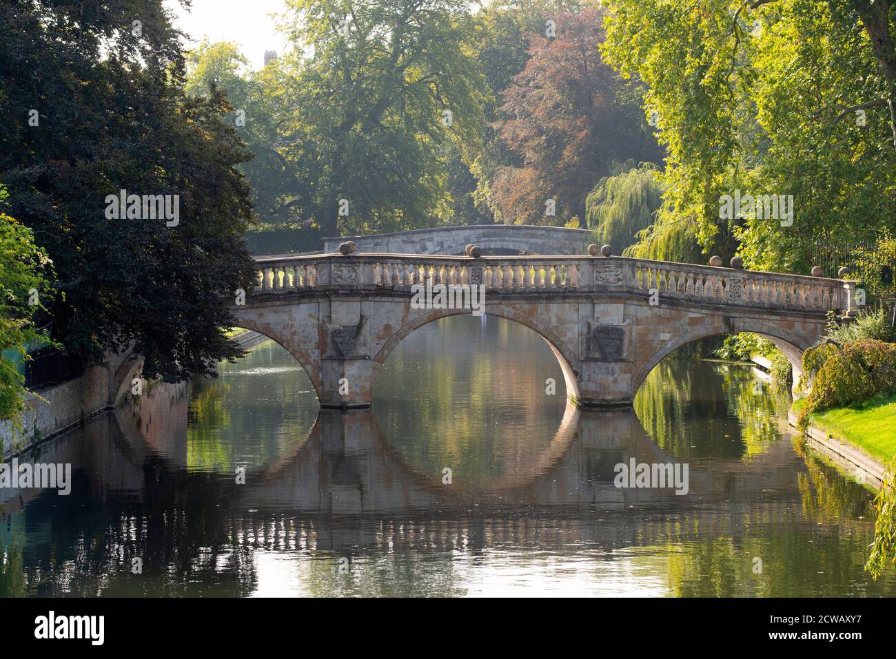 Cambridge Cambridgeshire England UK. Clare Bridge over River Cam on the first day of autumn. 22 Sept 2020 Stock Photo