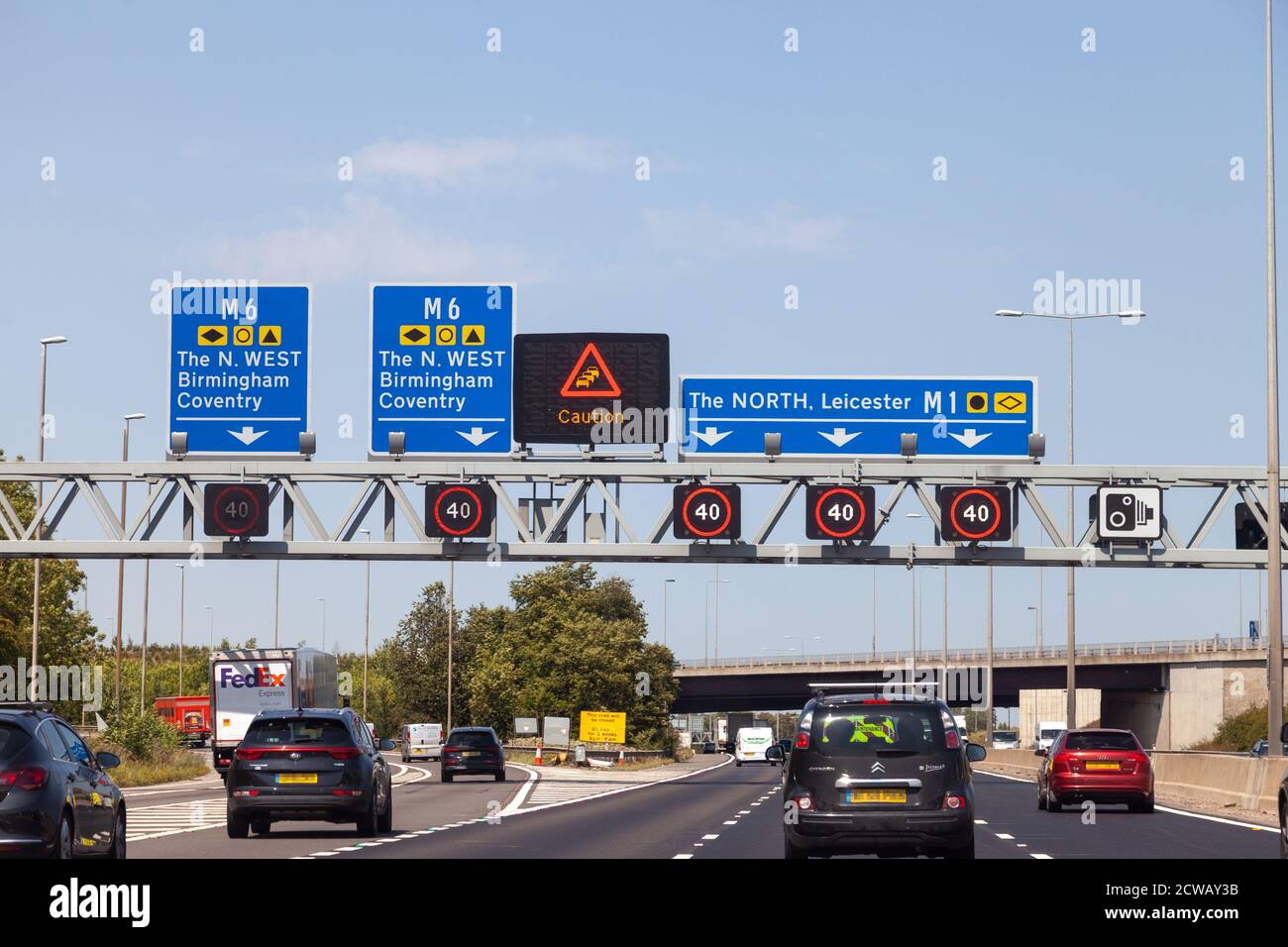 Heading North on the M1 motorway at the turnoff for the M6 to the North west. Stock Photo