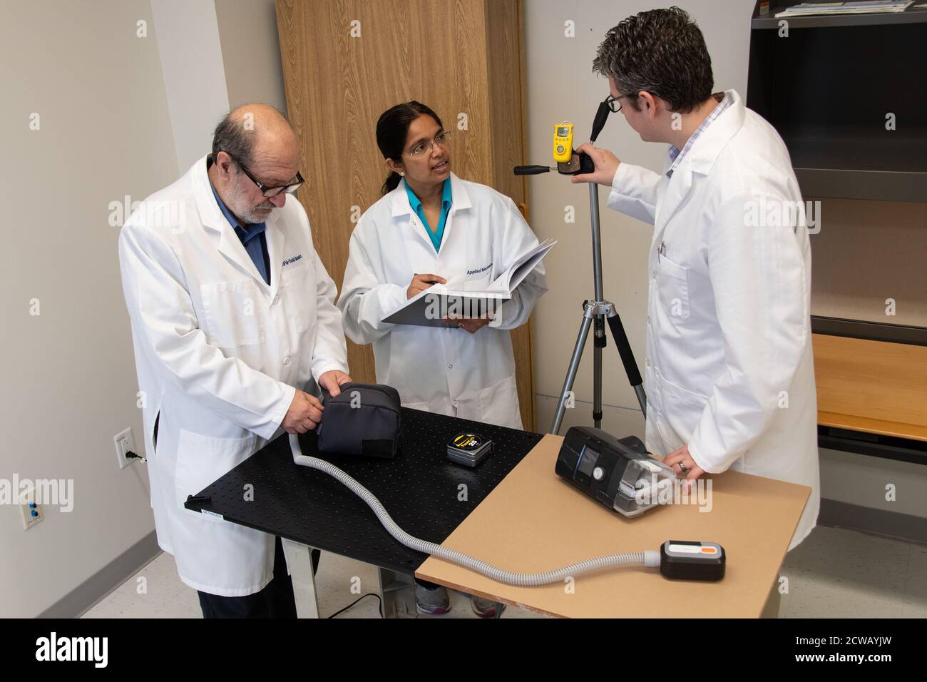 FDA scientists, led by Oleg Vesnovsky, tested a CPAP cleaning device using an ozone meter to assess safety. Ozone has not been proven effective or safe for CPAP cleaning. The FDA recommends safe cleaning with mild soap and water or diluted vinegar. Stock Photo
