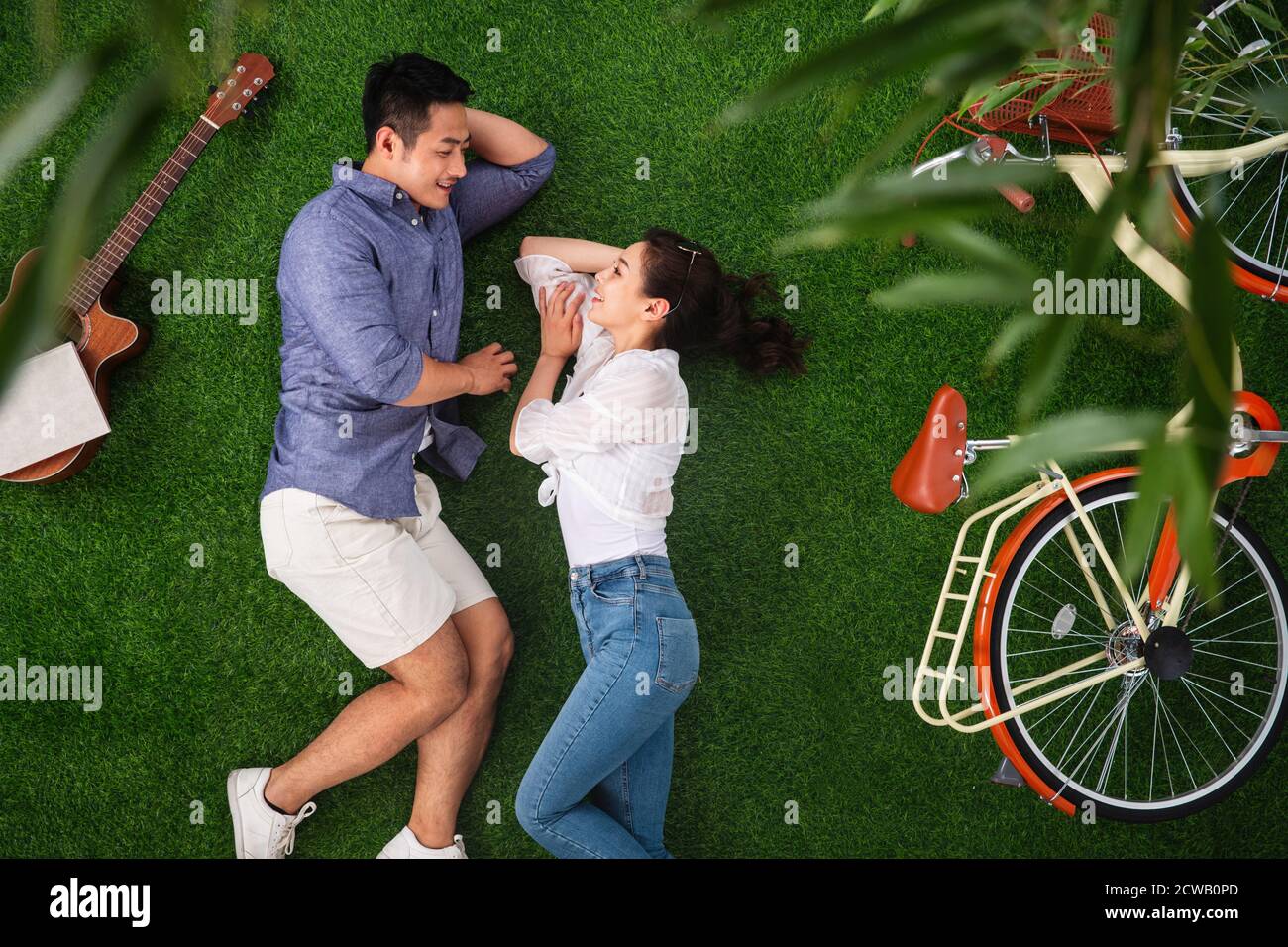 Happy young couples face to face lying on the grass Stock Photo - Alamy